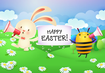 Happy Easter lettering on banner held by bunny and bee with loudspeakers. Easter greeting card or advertising design. Typed text, calligraphy. For greeting cards, posters, banners and brochures.