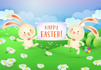 Obraz na płótnie Canvas Happy Easter lettering on banner held by two cheerful bunnies. Easter greeting card. Typed text, calligraphy. For greeting cards, posters, invitations, banners, leaflets and brochures.