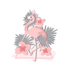 Tropical birds set of flamingo. Exotic rose bird illustrations, jungle tree, trendy art. For print or cover