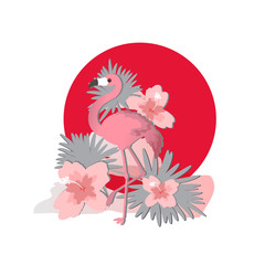 Tropical birds set of flamingo. Exotic rose bird illustrations, jungle tree, trendy art. For print or cover