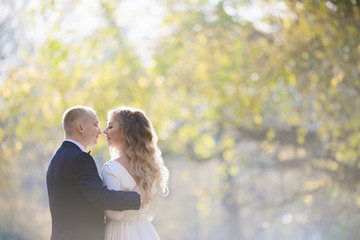 Bride and groom hug each other tender standing in the rays of sun in the autumn park covered with fallen leaves