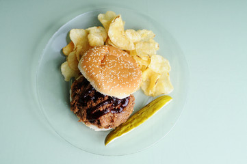 BBQ Pulled Pork Sandwich with Chips and Pickle