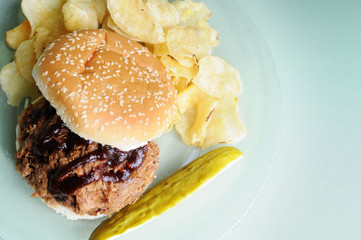 BBQ Pulled Pork Sandwich with Chips and Pickle