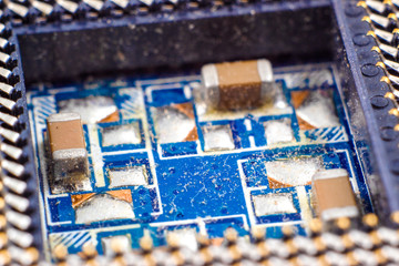 Close-up of electronic chip in desktop computer motherboard circuit.