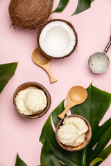 Creative flat lay with coconut ice cream and tropical plants