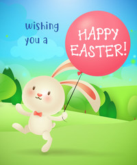 Wishing you happy Easter lettering, bunny, balloon and landscape. Easter greeting card. Typed text, calligraphy. For greeting cards, posters, invitations, banners, leaflets and brochures.