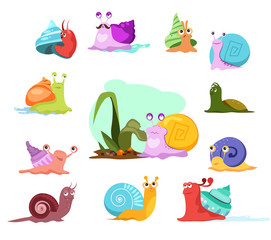 Multi-colored snails set. Cartoon mollusca collection. Can be used for topics like invertebrate, creature, sea