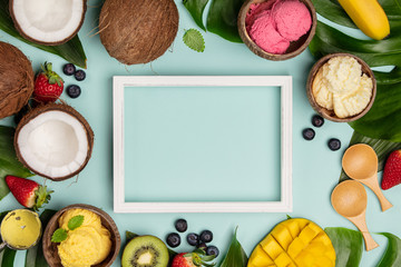 Tropical fruits and plants with variety of ice cream in coconut shells
