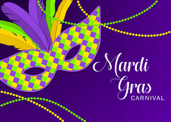 Mardi gras or carnivale mask with feathers. Beautiful Mardi gras design template for poster, greeting card, party invitation, banner or flyer. Mardi gras background. Vector Illustration.