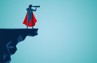 superhero businessman standing holding binoculars on a mountain cliff. Shining towards the goal of success. overcome obstacles. leadership. isolated from blue background. illustration cartoon vector