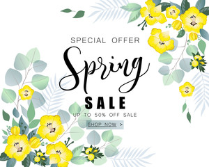 Spring sale banner with wild flowers and eucalyptus.