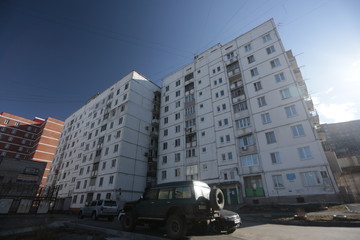 Residential development of Vladivostok panel and brick houses. Streets of sleeping areas of the...