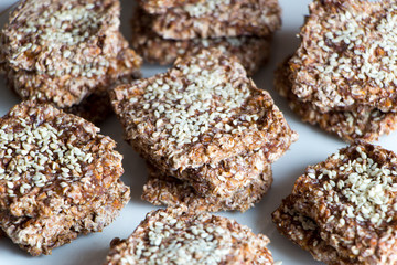 Vegan cookies from wheat and raisins on plate. Top angle view.