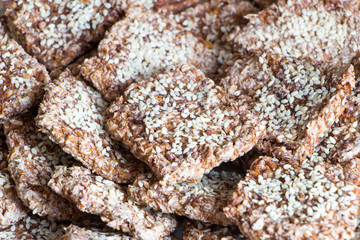 Vegan cookies from wheat and raisins. Top view background.