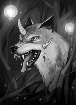 Digital painted illustration with a magic creature. Wolf with horns in a forest.