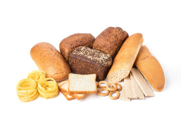 Bakery and pasta products isolated on white background. Baguette, pasta, dryings bagel, toast bread, crispbreads and bread.