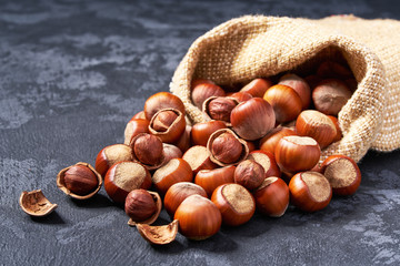 Hazelnut   in bag on black background  with copy space
