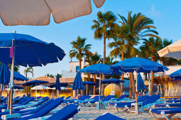 Close-up of many white and blue umbrellas