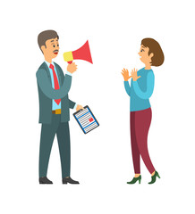 Businessman giving order to employee vector, man using megaphone. Woman listening to boss, person with clipboard and tasks on paper, speaking employer
