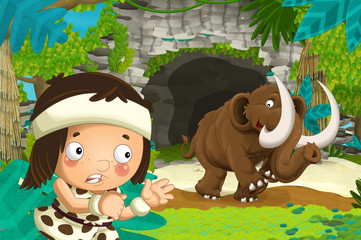 cartoon happy scene with caveman traveling near some cave looking and mammoth going out of the cave - illustration for children