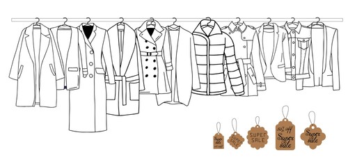 Vector illustration of clothes on a hanger with tags