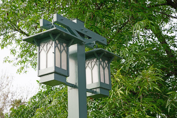 Lantern style outdoor dual lights on a metal post under a tree in a park
