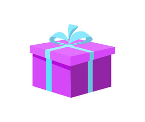 Purple gift box side view, vector present in color wrapping isolated. Colorful package wrapped in paper, mockup of shopping packaging, flat style