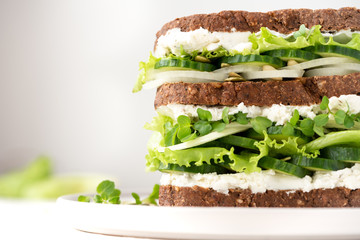 Sandwich with cucumber, lettuce, microgreen and ricotta. Diet, healthy, vegetarian breakfast.