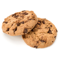 Two Chocolate chip cookies isolated on white background. Sweet biscuits. Homemade pastry.