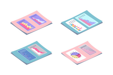 Reports and documentation with information about project results vector. Digital marketing info data, infographics and pie diagrams tables and plan