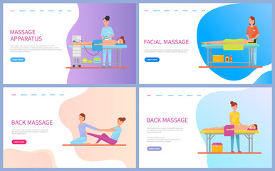 Woman making back and facial massage for client lying on table with towel, procedure by apparatus for girl. Healthcare therapy and spa, web page vector. Website template landing page in flat