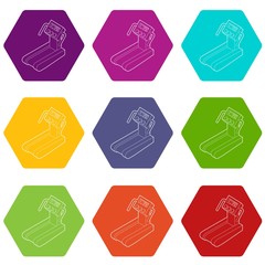 Treadmill running, gym equipment icons 9 set coloful isolated on white for web