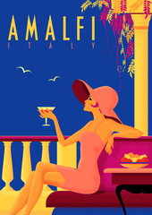 Girl with a cocktail on vacation on the Amalfi coast - obrazy, fototapety, plakaty