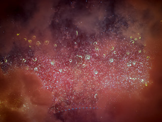 The London New year fireworks display captured from the central Barge on the River Thames