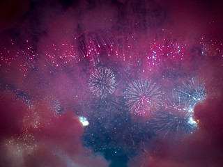 The London New year fireworks display captured from the central Barge on the River Thames