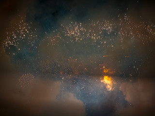 The London New year fireworks display captured from the central Barge on the River Thames