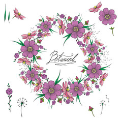 Vector floral round wreath, vintage floral design.