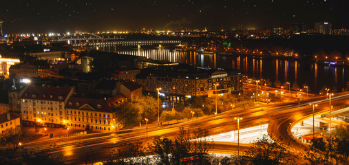Fototapeta na wymiar Beautiful panorama of Bratislava Downtown.View of night town.Cityscape at twilight.Traveling concept background.The landscape of the old historical city.Architecture, buildings Slovakia,Europe