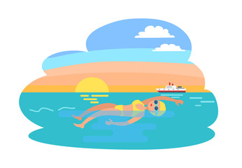 Backstroke professional woman swimming activities in water. Sportive lady in suit, sportswoman making stroke. Sea with yacht and ship transport vector