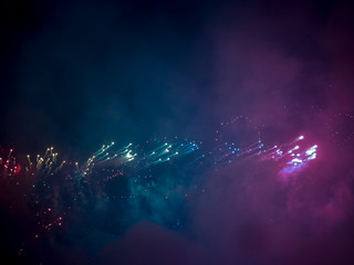 The London New year fireworks display captured from the central Barge on the River Thames