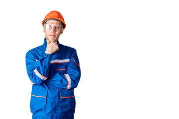 portrait of happy worker in blue uniform and helmet isolated on white background b