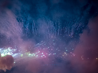 The London New year fireworks display captured from the central Barge on the River Thames