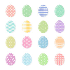 Set of tender colorful vector Happy Easter eggs with white decoration and shadow. Collection of beautiful flat egg icons with striped and dotted decor for Easters banner, greeting card design