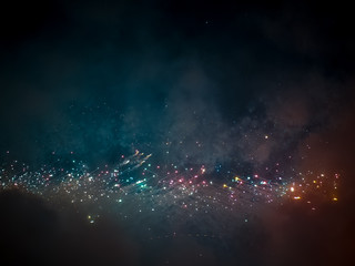 The London New year fireworks display captured from the central Barge on the River Thames