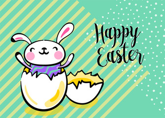 Obraz na płótnie Canvas Happy easter greeting background with cute easter bunny in the broken egg. Striped and dots texture, with copy space. Vector illustration in hand drawing sketch outline hipster style