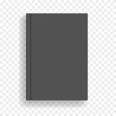 Black rectangular vector blank black realistic book mockup, closed organizer or notebook cover template with sheet of A4. Front view of elegant gray notepad or photobook with binding mock up