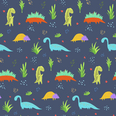 Cute dark blue seamless pattern with bright colorful dinosaurs for kids textile. Childish texture with diplodocus, tyrannosaurs, triceratops characters for children cloth, wrapping paper, background