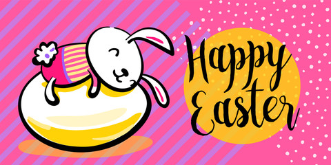 Happy easter greeting banner background with cute dressed bunny on the egg, hugging it. Striped and dots texture, with copy space. Vector illustration in hand drawing sketch outline hipster style