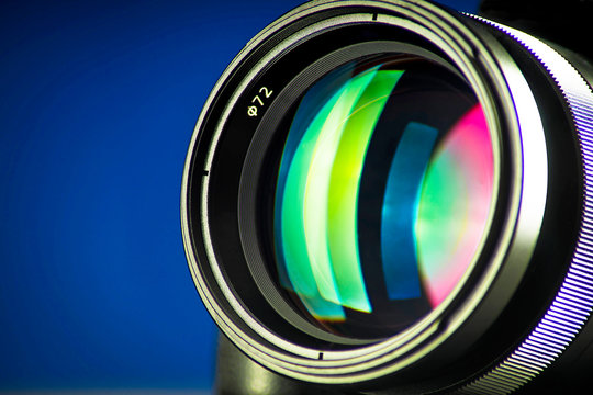 Close-up of photographic lens, diffraction of light