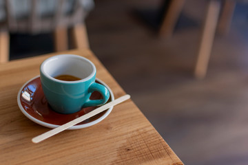 Top view cup of coffee. Cafe concept. Wood table texture background. Hot drink in the morning. Aroma breakfast and latte. Fresh caffeine 